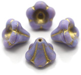 4pc 11x13mm Czech Pressed Glass Bell Flower Beads, Lilac w/Gold Wash