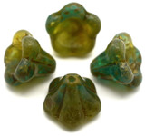 4pc 11x13mm Czech Pressed Glass Bell Flower Beads, Teal & Olivine Swirl w/Picasso