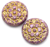 2pc 18mm Czech Pressed Glass Flower Coin Beads, Alabaster w/Pebbled Orchid & Gold Wash