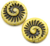 2pc 18mm Czech Pressed Glass Fossil Swirl Beads, Alabaster w/Graphite