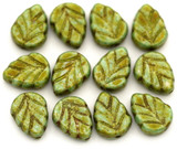 12pc 8x10mm Czech Pressed Glass Mint Leaf Beads, Alabaster/Cardamom Spice
