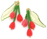 2pc Approx. 34x11mm Seed Bead & Resin Triple Flower Drop w/Leaf, Gold/Red