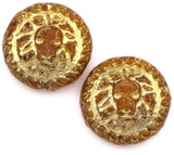 2pc 18mm Czech Pressed Glass Lion Coin Beads, Crystal-Pumpkin Swirl w/Picasso & Gold Wash