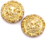 2pc 18mm Czech Pressed Glass Lion Coin Beads, Alabaster w/Picasso & Gold Wash