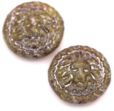 2pc 18mm Czech Pressed Glass Lion Coin Beads, Crystal-Lime Green Swirl w/Picasso & Silver Shimmer