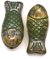 2pc 20x7mm Czech Pressed Glass Fish Beads, Crystal w/Lazure Blue Luster & Green Wash