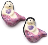20x19mm Hand-Painted Porcelain Mermaid Beads, Purple/Black