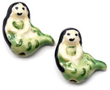 20x19mm Hand-Painted Porcelain Mermaid Beads, Green/Black