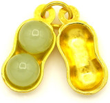 2pc Approx. 8x17mm Metal & Glass Peanut Charms, Gold/Jade Green