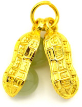 2pc Approx. 8x17mm Metal & Glass Peanut Charms, Gold/Jade Green