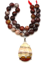 Mexican Lace Agate Gemstone Bundle: 28x18mm Teardrop Pendant & 7.5" Strand 6mm Round Beads