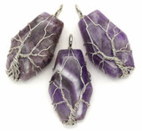 1pc Approx. 40x19mm Amethyst Wire-Wrapped Pendant, Silver (See Photos for Variation)