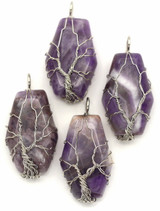 1pc Approx. 40x19mm Amethyst Wire-Wrapped Pendant, Silver (See Photos for Variation)