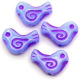 4pc 16x12mm Czech Pressed Glass Bird Beads, Light Cornflower w/Lila Wash