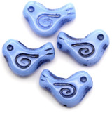 4pc 16x12mm Czech Pressed Glass Bird Beads, Light Cornflower w/Denim Wash