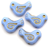4pc 16x12mm Czech Pressed Glass Bird Beads, Light Cornflower w/Gold Wash