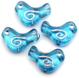 4pc 16x12mm Czech Pressed Glass Bird Beads, Transparent Aqua w/Silver Wash