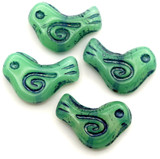4pc 16x12mm Czech Pressed Glass Bird Beads, Sea Green Opal w/Denim Wash