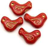 4pc 16x12mm Czech Pressed Glass Bird Beads, Opaque Coral Red w/Gold Wash