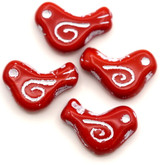 4pc 16x12mm Czech Pressed Glass Bird Beads, Opaque Coral Red w/White Wash