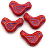 4pc 16x12mm Czech Pressed Glass Bird Beads, Opaque Coral Red w/Violet Wash