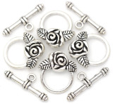 4 Sets 18x19mm (24mm Bar) Rose-Accent Toggle Clasp, Antique Silver