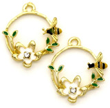 2pc 21x18mm Enameled Round Floral Garland w/Bee Pendants, Gold