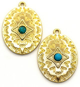 2pc 31x23mm 16k Gold-Plated Alloy Oval Pendants w/Synthetic Turquoise (Man-Made) Cabochon