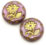 2pc 18mm Czech Pressed Glass Flower Coin Beads, Alabaster w/Lila Luster & Gold Wash