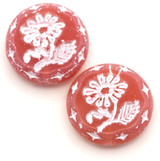2pc 18mm Czech Pressed Glass Flower Coin Beads, Pink Opal w/White Lined Finish