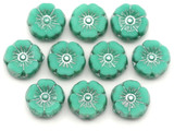 10pc 8mm Czech Table-Cut Glass Hawaiian Flower Beads, Opaque Turquoise w/Marbled Silver