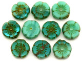 10pc 8mm Czech Table-Cut Glass Hawaiian Flower Beads, Aqua & Opaque Turquoise w/Picasso