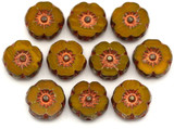 10pc 8mm Czech Table-Cut Glass Hawaiian Flower Beads, Burnt Orange w/Picasso & Copper Wash