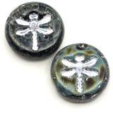 2pc 18mm Czech Pressed Glass Dragonfly Coin Beads, Jet w/Travertine & White Lined Finish