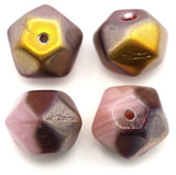 4pc 12x10mm Czech Pressed Glass Irregular Faceted Round Beads, Opal Pink Rose & Gold Capri