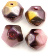 4pc 12x10mm Czech Pressed Glass Irregular Faceted Round Beads, Opal Pink Rose & Gold Capri