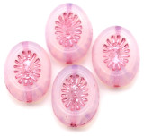 4pc 14x10mm Czech Pressed Glass Kiwi Oval Beads, White Opal w/Pink Wash