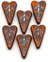 6pc 16x11mm Czech Pressed Glass Heart Leaf Beads, Opaque Orange w/Picasso & Silver Wash