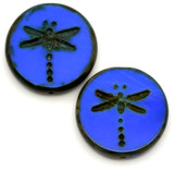 2pc 17mm Czech Table-Cut Glass Dragonfly Coin Beads, Opaque Medium Sapphire w/Picasso