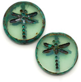 2pc 17mm Czech Table-Cut Glass Dragonfly Coin Beads, Aqua Opal w/Picasso & Pebbled Mint
