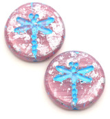 2pc 17mm Czech Pressed Glass Dragonfly Coin Beads, Striated Pink w/Aqua Wash & Silver Splash