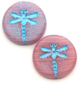 2pc 17mm Czech Pressed Glass Dragonfly Coin Beads, Matte Straited Pink w/Aqua Wash