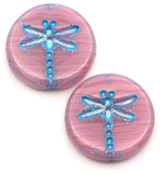 2pc 17mm Czech Pressed Glass Dragonfly Coin Beads, Straited Pink w/Aqua Wash