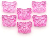 6pc 9x7mm Czech Pressed Glass Butterfly Beads, Crystal w/Pink Silver Sparkle