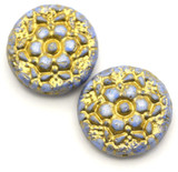 2pc 18mm Czech Pressed Glass Flower Coin Beads, Alabaster w/Gold Wash & Pebbled Blue