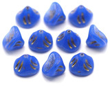 10pc Czech Pressed Glass 10x8mm Daylily Flower Beads, Blue Opal w/Gold Wash