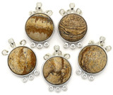 1pc Approx. 27x17.5mm Gemstone 3-Strand Box Clasp, Picture Jasper & Silver-Finished Brass (See Photos for Variation)