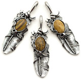 1pc 62x19mm Feather Pendant with 14x11mm Picture Jasper Accent, Antique Silver (See Photos for Variation)