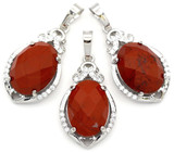 1pc Approx. 31x18mm Brass & Red Jasper Faceted Oval Pendant, Silver