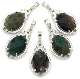 1pc Approx. 31x18mm Brass & Moss Agate Faceted Oval Pendant, Silver (See Photos for Variation)